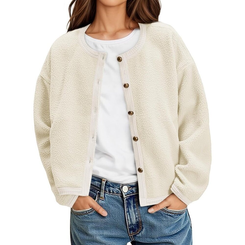 Women's Trendy Outerwear Fleece Cream Button Down Jackets Coats Crew Neck